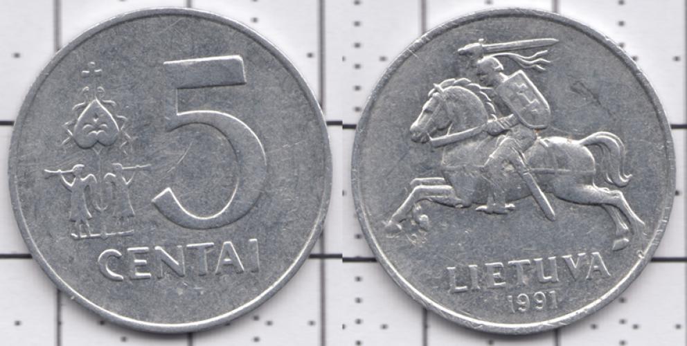 Литва 5 центов ББ 1991г.