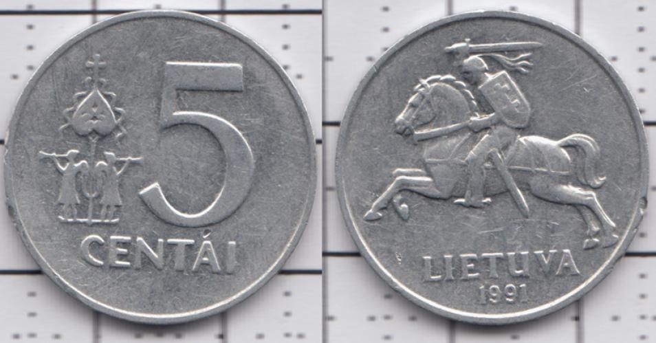 Литва 5 центов ББ 1991г.