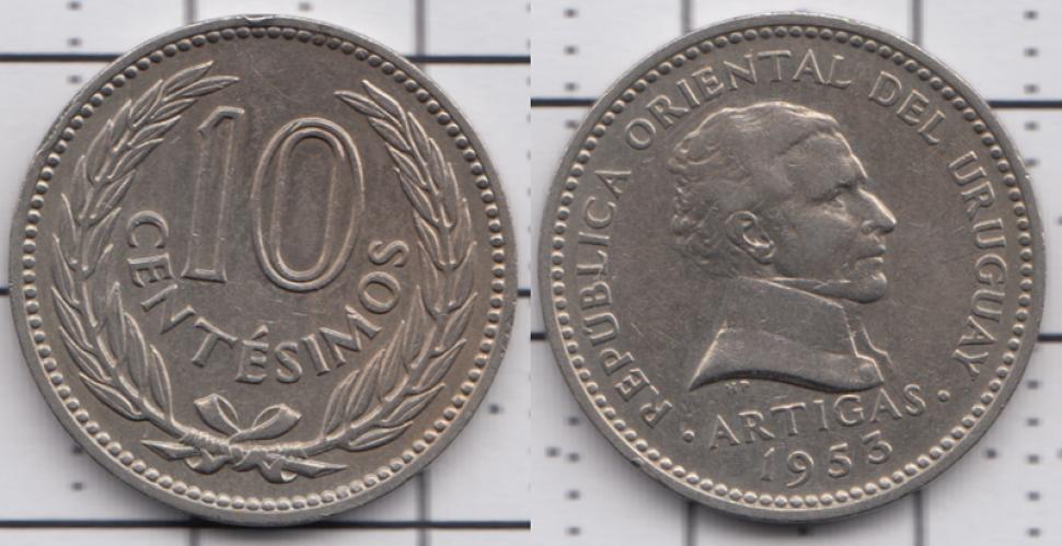 Уругвай 10 сентесим ББ 1953г.