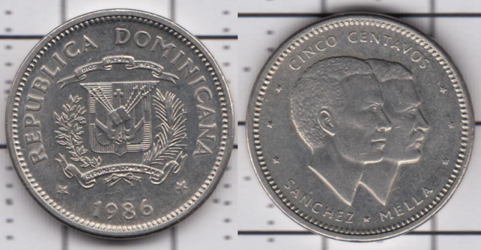 Доминикана 5 центаво ББ 1986г.