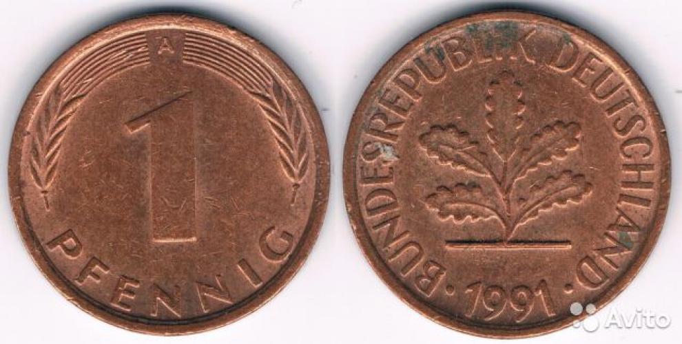 Германия 1 pfennig D 1991г.